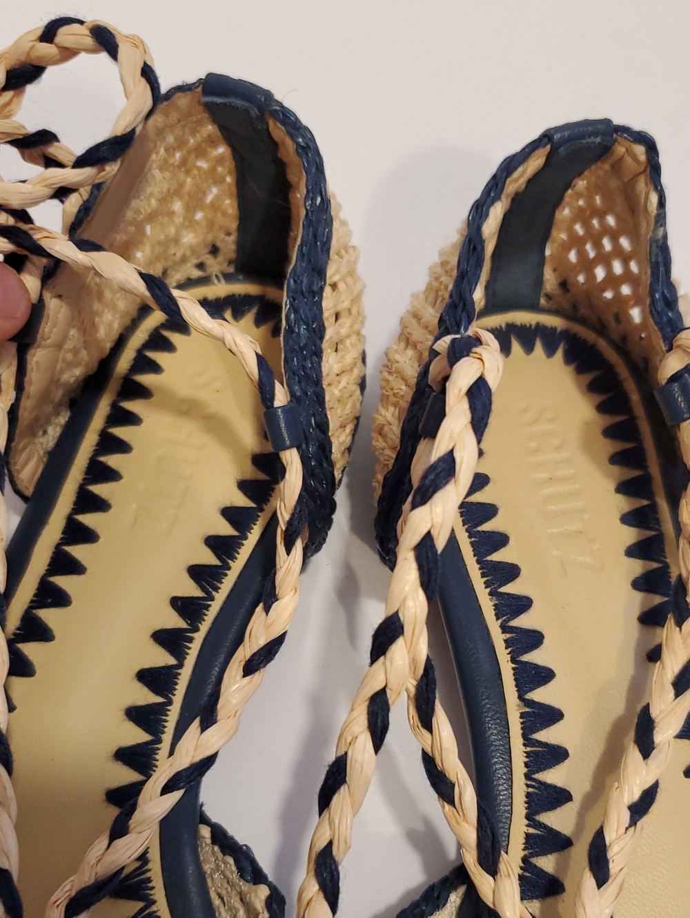 Schutz Jessel Flat Sandal Navy and Tan Straw Flats Size 6B - Picture 7 of 10